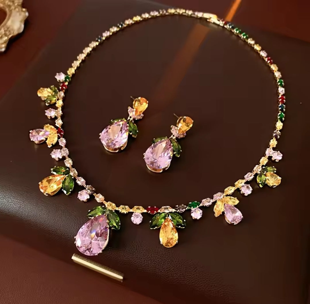 Multi-Color Gemstone Statement Necklace Set