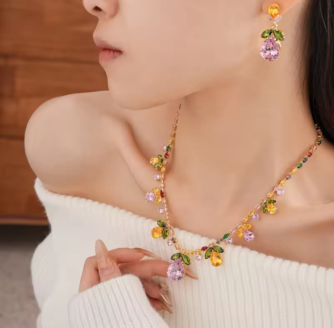 Multi-Color Gemstone Statement Necklace Set